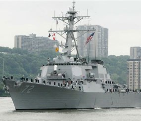 In this May 26, 2004 file photo, the USS Mahan, a guided-missile destroyer, moves up the Hudson River in New York during Fleet Week.