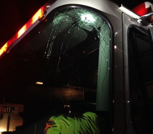While returning to the station, a fire engine was struck by a bullet, as reported in Near Miss report 6425.