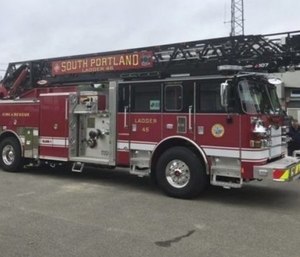 A $1.1-million South Portland fire truck damaged when its ladder accidentally struck a power line has not been determined to be a total loss. (Photo/City of South Portland)