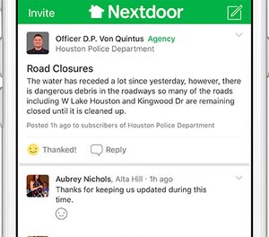 In the greater Houston area, more than 120 public agencies use Nextdoor to connect with residents, and all agencies relied on the platform during Hurricane Harvey.