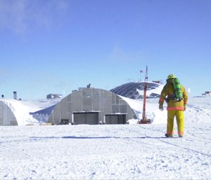 A firefighter returns to the South Pole dome after responding to a false alarm.