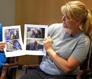 Nurse Alex Wubbels, right, displays video frame grabs of herself being taken into custody.
