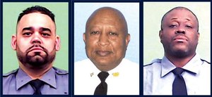 School Safety Agent Luis Albino, left, Auxiliary Police Lieutenant Pierre Moise and School Safety Agent Linosee Mosley died this weekend of coronavirus complications.