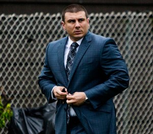 New York City police officer Daniel Pantaleo leaves his house Monday, May 13, 2019, in Staten Island, N.Y. (AP Photo/Eduardo Munoz Alvarez)