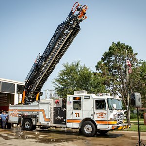 A new ladder truck for Stillwater Fire Department with Oklahoma State University branding.