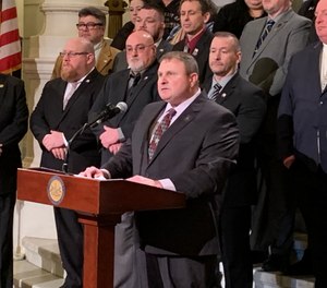 Larry Blackwell, president of the Pennsylvania State Corrections Officers Association, spoke at a Capitol Rotunda news conference on Tuesday, Feb. 19. (Photo/TNS)