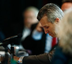 Max Schachter, whose son, Alex, was killed in the Feb. 14 shooting at Marjory Stoneman Douglas High School, cries during a state commission investigating the shooting, on Thursday, Nov. 15, 2018, in Sunrise, Fla. (AP Photo/Brynn Anderson)