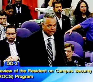 In this Feb. 18, 2015, file frame from video from Broward County Public Schools, school resource officer Scot Peterson talks during a school board meeting of Broward County, Fla. (Broward County Public Schools via AP, File)