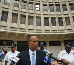 Former Philadelphia Police Commissioner Richard Ross speaks with the media outside Police Administration Building at 8th and Race in Philadelphia, Wednesday, Aug. 21, 2019. (Jessica Griffin/The Philadelphia Inquirer via AP)