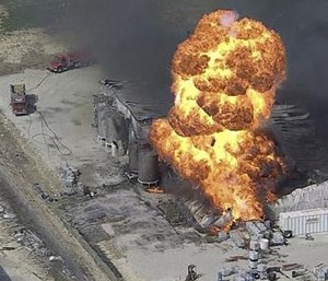 In this image from video by KDFW, a fire burns at the Tri-Chem Industries plan in Cresson, Texas. (KDFW via AP)