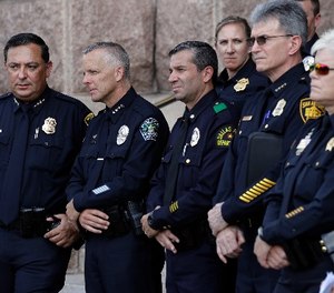 Houston Police Chief Art Acevedo, from left, Austin Police Chief Brian Manley, Dallas Police Major Rueben Ramirez and San Antonio Police Chief William McManus take part in public safety event where they spoke against a proposed