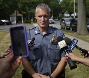 Sgt. Daniel Wilson speaks to reporters about the search for Chelsea O'Donnell in Nyack, N.Y., Tuesday, Aug. 18, 2015.