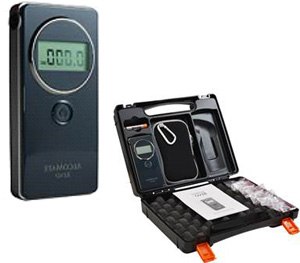 The AlcoMate Revo (left) includes a carrying case made of a reinforced polymer shell and padded interior (right).