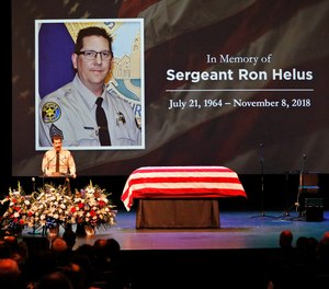 Ventura County Sheriff Biull Ayub addressing the crowd attending the memorial service for Ventura County Sheriff Sgt. Ron Helus at Calvary Community Church in Westlake Village, Calif., Thursday, Nov. 15, 2018. Sgt. Helus was one of twelve victims of the Borderline Bar & Grill mass shooting in Thousand Oaks last week. (Al Seib /Los Angeles Times via AP, Pool)