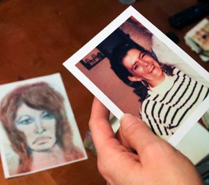 In this Thursday, Oct. 10, 2019 photo, Tonya Maslar holds an old photograph of her mother Roberta Tandarich taken before her death in 1991 in Ravenna, Ohio. (Jeff Lange/Akron Beacon Journal via AP)