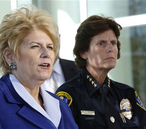 District Attorney Bonnie Dumanis and San Diego Police Chief Shelley Zimmerman address the news media following the arraignment of Jesse Gomez at UCSD Medical Center in San Diego, Calif., Tuesday, Aug. 2, 2016.