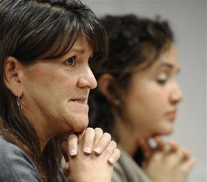 Jennifer Hensel, left, mother of Sandy Hook Elementary school shooting victim Avielle Richman, and Nelba Marquez-Greene, mother of victim Ana Marquez-Greene make a presentation to the Sandy Hook Advisory Commission, Friday, Nov. 14, 2014, in Newtown, Conn.