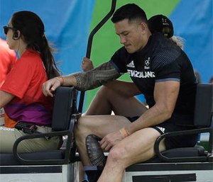 New Zealand's Sonny Bill Williams, is driven out of the stadium by medics during the men's rugby sevens match against Japan at the Summer Olympics in Rio de Janeiro, Brazil, Tuesday, Aug. 9, 2016.