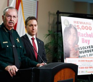 Palm Beach County Sheriff Ric Bradshaw speaks during a news conference on Monday, Sept. 16, 2019, in West Palm Beach, Fla. (AP Photo/Brynn Anderson)