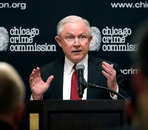 Attorney General Jeff Sessions speaks to the Chicago Crime Commission at Union League Club of Chicago, Friday, Oct. 19, 2018, in Chicago.