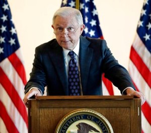 Attorney General Jeff Sessions speaks to law enforcement officials about transnational organized crime and gang violence at the Federal Courthouse Thursday, Sept. 21, 2017, in Boston.