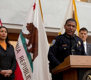 Police Chief Bill Scott speaks at a news conference where Mayor London Breed announced a public health order that requires residents to stay at home except for essential needs on Monday, March 15, 2020.
