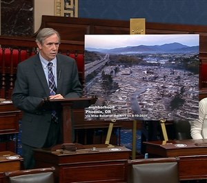 Senator Jeff Merkley (D-Ore.) speaks on the Senate floor Wednesday night, highlighting the devastation in his state.