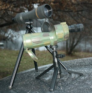 Upper scope is a Leupold 25x 50mm model with dedicated tripod. Lower scope is a Bushnell Stalker 10-30x 50mm model on a Canon table tripod.