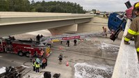 Drivers survive crash that left 18-wheeler hanging off Texas overpass, box truck wrecked