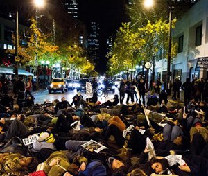 A large group of protestors stage a