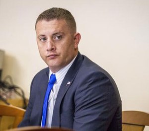 Dominique Perez, former Albuquerque police officer and SWAT member, waits for opening statements in his trial in Bernalillo County Court court, Monday, Sept. 19, 2016, in Albuquerque, NM. (AP Photo/Juan Labreche, Pool)