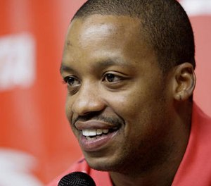 In this Oct. 17, 2007, file photo, Houston Rockets' Steve Francis smiles during a news conference announcing an endorsement deal with ANTA Sports Products Limited, a company based in China, in Houston.