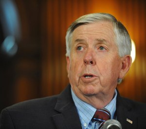 In this May 29, 2019 file photo, Missouri Gov. Mike Parson addresses the media during a news conference in his Capitol office in Jefferson City, Mo. (Julie Smith/The Jefferson City News-Tribune via AP, File)
