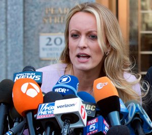 In this April 16, 2018, file photo, adult film actress Stormy Daniels speaks outside federal court in New York. (AP Photo/Mary Altaffer, File)