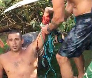In this Friday, Oct. 21, 2016 image taken from video provided by Matt Meola, surfer Federico Jaime, left, is helped after being bitten by a shark near Paia, Hawaii, on the island of Maui. (Matt Meola via AP)