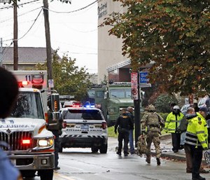 First responders surround the Tree of Life Synagogue, where a shooter opened fire Saturday, Oct. 27, 2018.