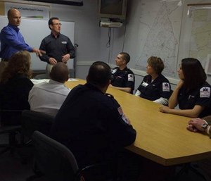 Steve Wirth and Doug Wolfberg lead a training program for a group of engaged EMS providers. (Photo by Page, Wolfberg and Wirth) 