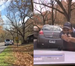 Dashcam footage shows the suspect leaving his vehicle and firing a gun at the officer.