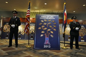 Members of the National EMS Memorial Service Honor Guard provide watch over the Tree of Life which is emblazoned with an Oak Leaf engraved with each individual Honoree’s name. 
