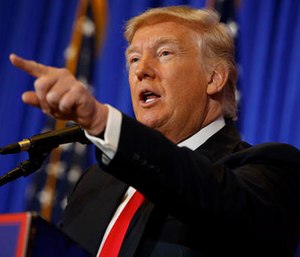President-elect Donald Trump speaks during a news conference in the lobby of Trump Tower in New York.