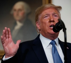 President Donald Trump speaks about the mass shootings in El Paso, Texas and Dayton, Ohio, in the Diplomatic Reception Room of the White House, Monday, Aug. 5, 2019, in Washington. (AP Photo/Evan Vucci)