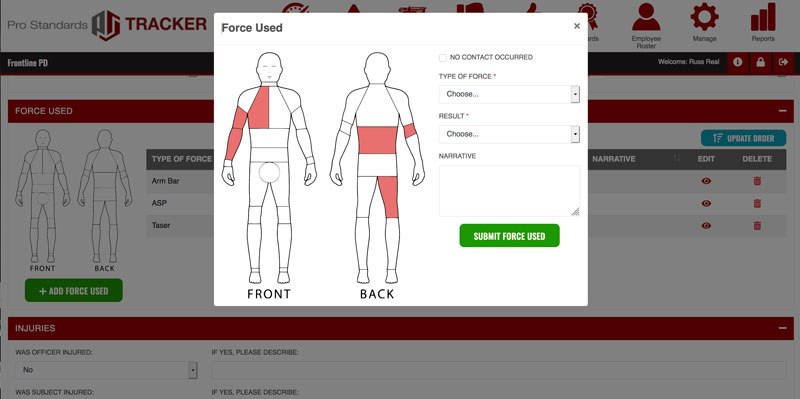 Pro Standards Tracker includes a clickable diagram for the reporting officer to designate where the force was directed, the type of force used, and whether it was effective in subduing the subject.