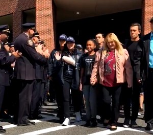 Vanesa Medina exits the hospital after sustaining a gunshot wound to her hand while attempting to arrest a man accused of past domestic violence. (Photo/NYPD)
