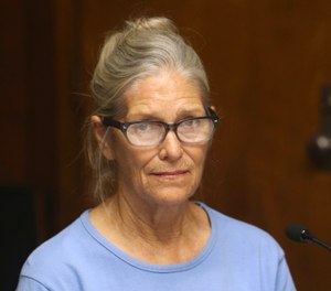 In this Sept. 6, 2017 file photo, Charles Manson follower Leslie Van Houten attends her parole hearing at the California Institution for Women in Corona, Calif. (Stan Lim/The Orange County Register via AP, Pool, File )