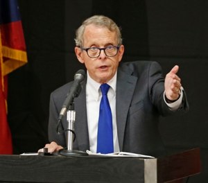 In this Aug. 2, 2017, file photo, Ohio Attorney General and former U.S. Sen. Mike DeWine discusses the opioid epidemic while speaking at the Columbus Police Academy in Columbus, Ohio. (AP Photo/Jay LaPrete, File)