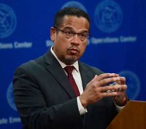 In this Wednesday, May 27, 2020, file photo, Minnesota Attorney General Keith Ellison answers questions during a news conference in St. Paul, Minn., about the investigation into the death of George Floyd, who died May 25, while in the custody of Minneapolis police officers. (John Autey/Pioneer Press via AP, Pool, File)