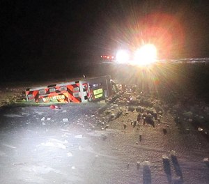 A Williston Fire Department ambulance slid off the road into an icy slough on Thanksgiving with three EMS providers and a 91-year-old patient inside. All four managed to escape the ambulance and were treated for hypothermia.