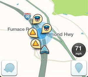 This image taken from the the Waze app on an iPhone, in Washington, shows police at the scene on a map on the app.