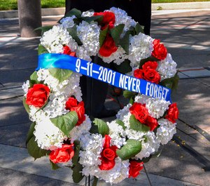 A wreath in remembrance of law enforcement officers who died because of the 9/11 terror attacks.