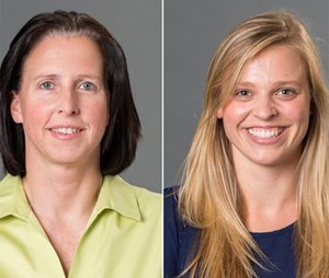 Associate head coach Ginny Doyle, left, and director of basketball operations Natalie Lewis were two of the three people aboard a hot air balloon that drifted into a power line, burst into flames and crashed on Friday. Investigators say their remains were found about a mile apart in dense woods.